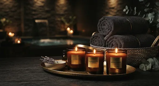Atmospheric aromatics and candles in our deep stone therapy chambers