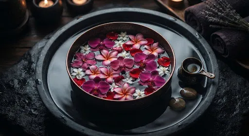 Floating botanical petals prepared for sensory Balinese bath infusions