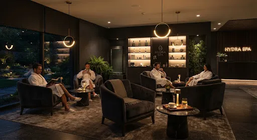 High-end relaxation lounges wrapped in deep charcoal velvet and warm ambient light